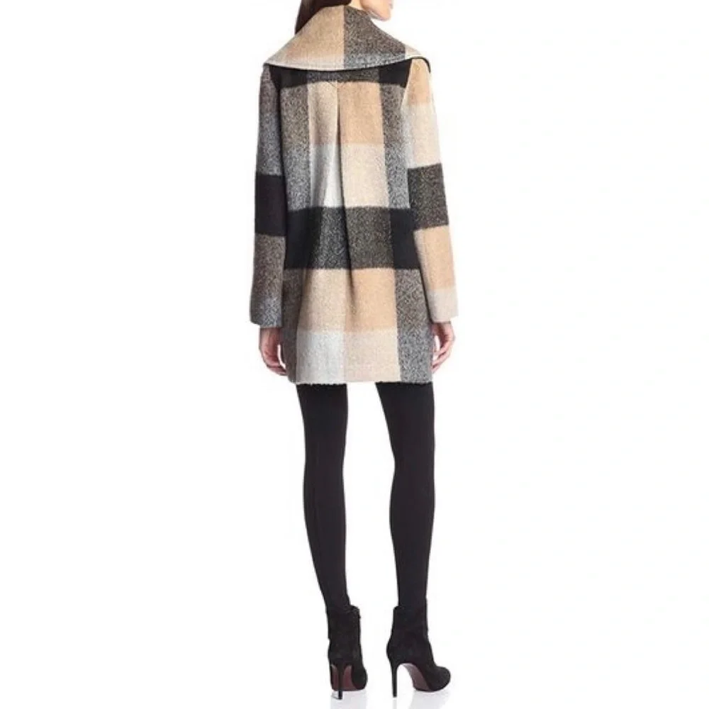 BADGLEY MISCHKA 'Maxine' Plaid Longline Wool Coat, tan/black/white